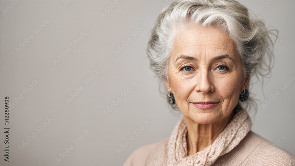 AI generated illustration of a beautiful, elegant elderly woman's portrait against a gray background AI generated illustration of a beautiful, elegant elderly woman's portrait against a gray background