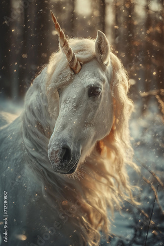 The Elegance of a White Unicorn Captured in a Winter Portrait Amidst the Snowflakes and Enchanted Woods © artefacti