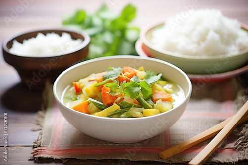 bowl of vegetable kurma with basmati rice garnish