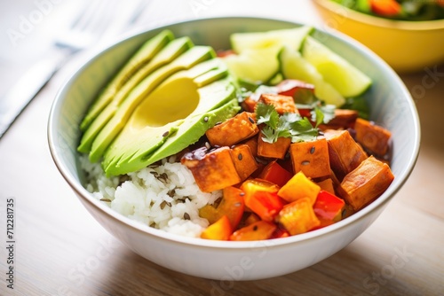 veggie burrito bowl with a mix of sweet potatoes