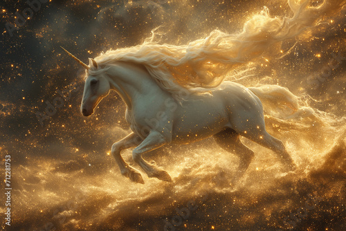 Graceful White Unicorn Galloping Across the Sky and Clouds  Amidst Sparkling Stars