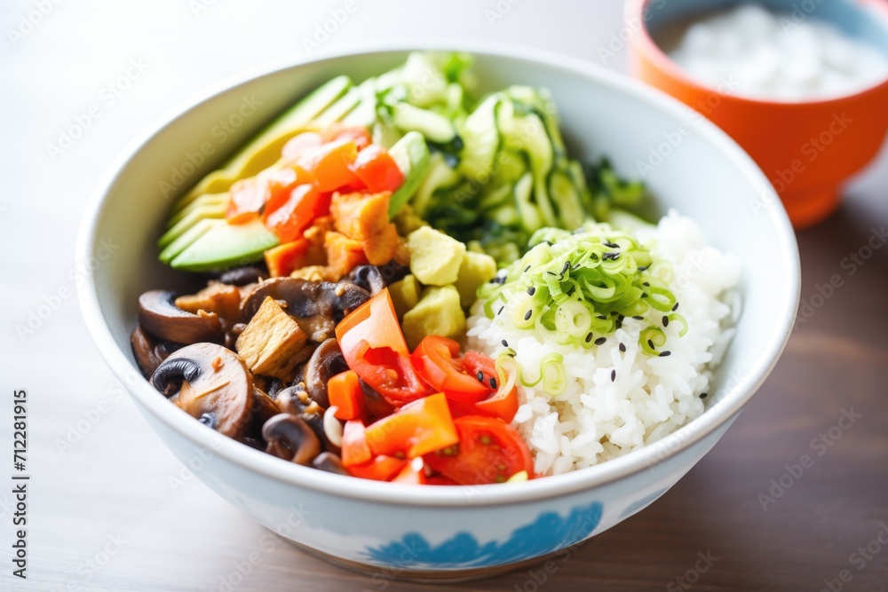 veggie burrito bowl with a dollop of guacamole veggie burrito bowl with a dollop of guacamole