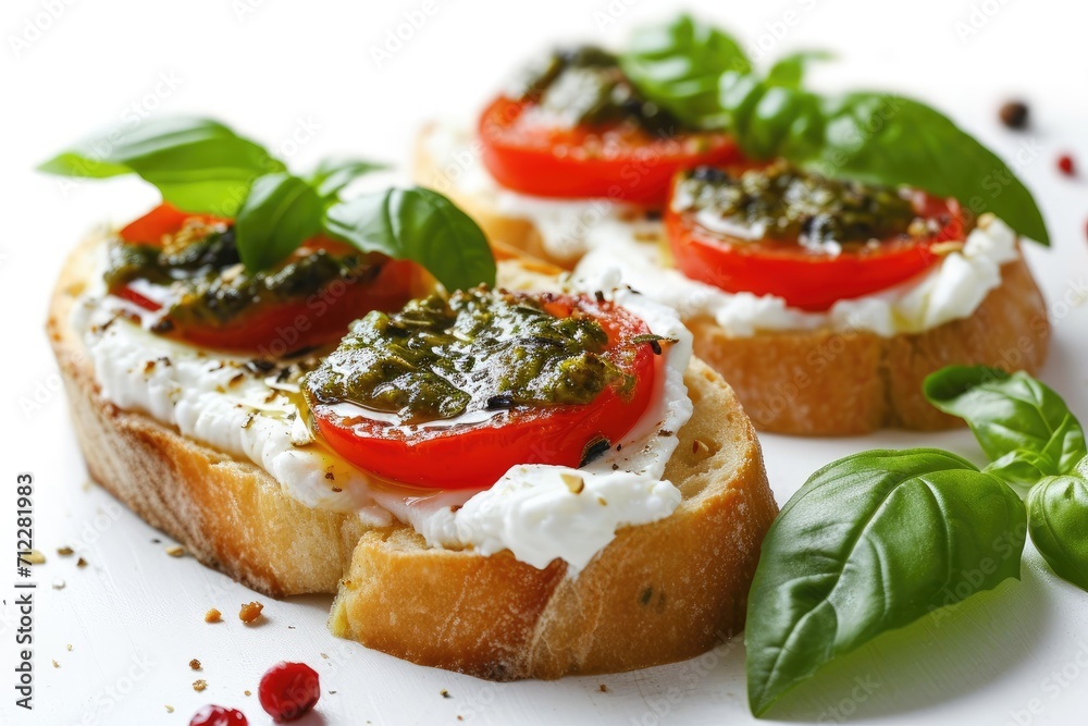 Delicious bruschetta with cream cheese pesto and basil on a white background Delicious bruschetta with cream cheese pesto and basil on a white background