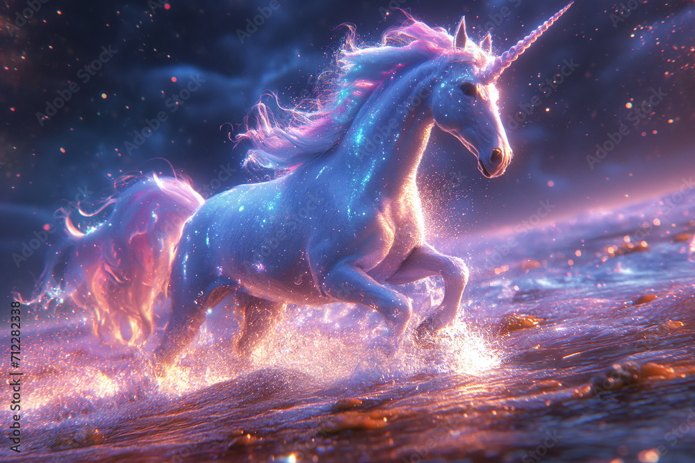 White Unicorn with Pink Mane and Horn Galloping Amidst Shimmering Waters
