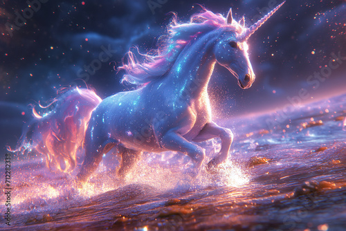 White Unicorn with Pink Mane and Horn Galloping Amidst Shimmering Waters