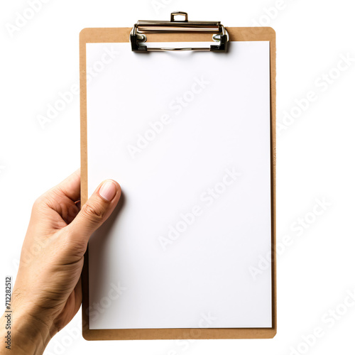a man hand-holding a clipboard with blank white paper, or notepad, isolated on a transparent background