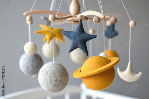 Eco friendly baby crib mobile featuring stars planets and moon Handmade toys for newborn crib made from felt and wood positioned above Gray backdrop