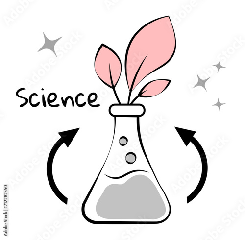 Flask with a plant on a white background. Science. Doodle