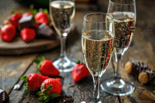 Bubbly champagne in glasses with strawberries