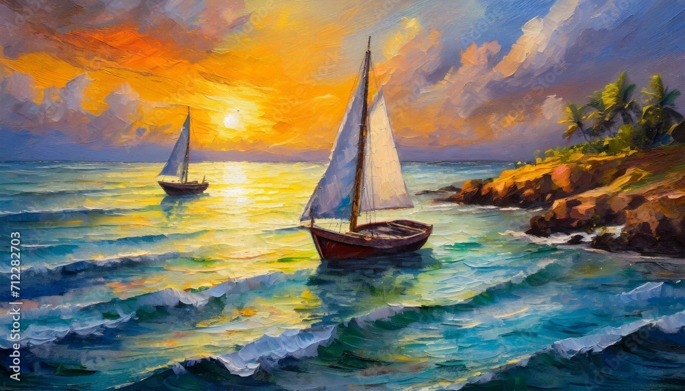 an original oil painting on canvas depicting a scene where boats gently sail into the twilight of a coastal sunset. Infuse the canvas with a soft, ethereal glow, emphasizing the quiet beauty of the mo