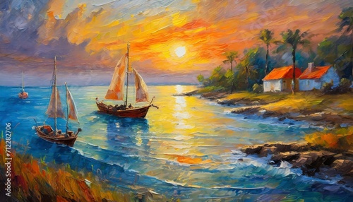 boat at sunset.an original oil painting on canvas depicting a scene where boats gently sail into the twilight of a coastal sunset. Infuse the canvas with a soft, ethereal glow, emphasizing the quiet b © Asad
