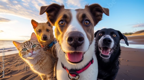 best friends cats and dogs taking selfie shots at the beach