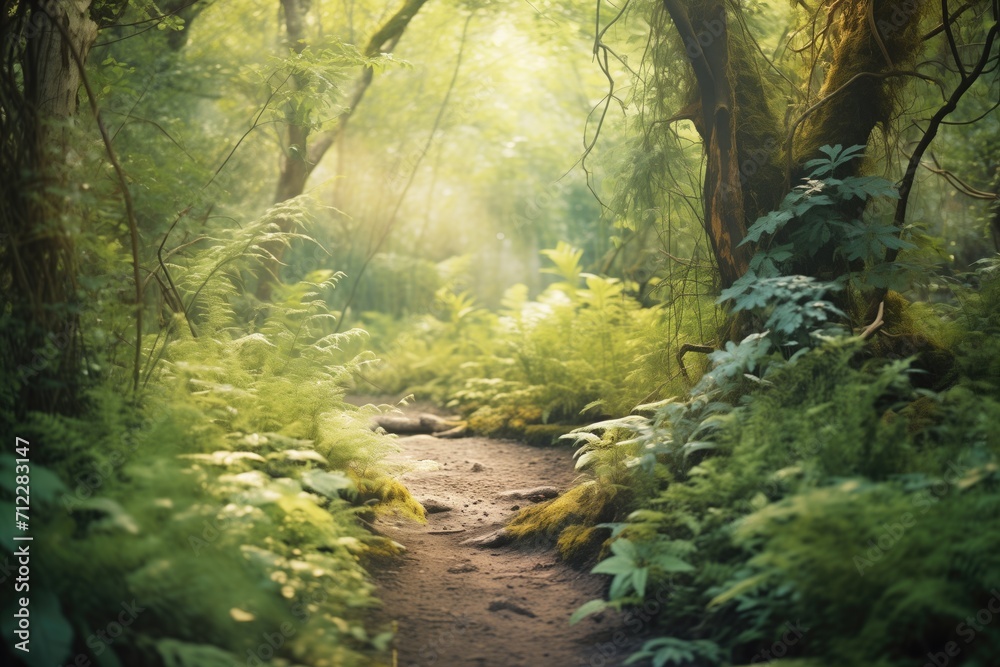 Fototapeta premium a path lined with green shrubs in a dense forest setting