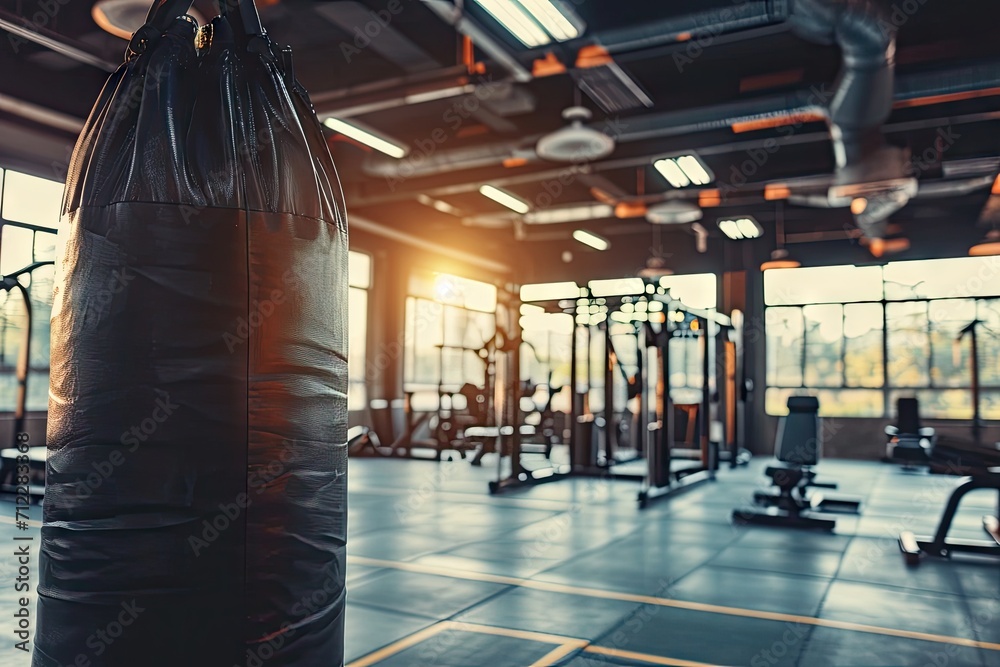 Fototapeta premium Fitness center with a boxing sandbag modern gym with equipment sport boxer training for burn calories