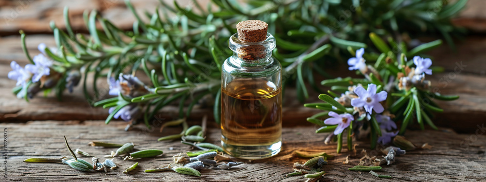 close up of rosemary essential oil on wooden table close up of rosemary essential oil on wooden table