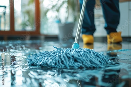 Professional concept of cleaning man holding plastic mop washing dirty floor in closeup background photo
