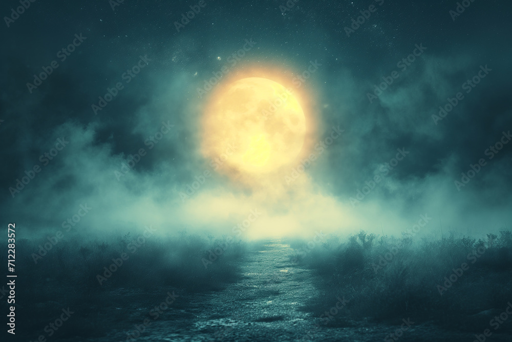 Moonlit Path Leading through Meadow in the Veil of Heavy Fog