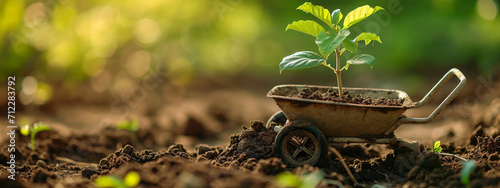 the concept of planting a tree, a tree in a wheelbarrow, nature photo