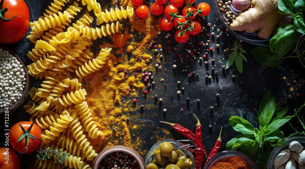 Pâtes fraiches et tomates pour cuisiner sur un fond noir en ardoise Pâtes fraiches et tomates pour cuisiner sur un fond noir en ardoise