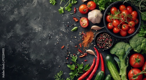 Assortiment de légumes frais sur un fond noir en ardoise, image avec espace pour texte