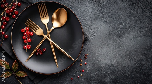 Assiette avec cuillère et fourchettes avec des baies sur un fond noir en ardoise, image avec espace pour texte photo