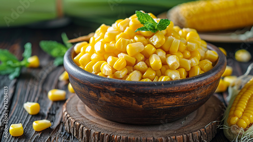 tasty corn in a plate on a wooden background photo