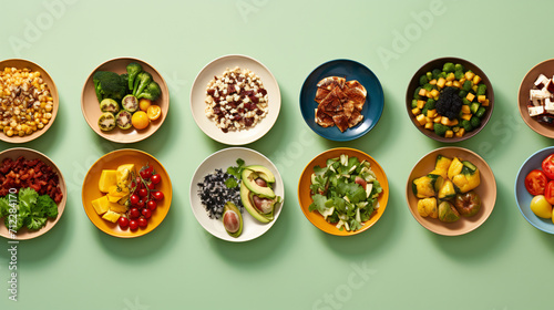 Large health food selection in white porcelain bowls