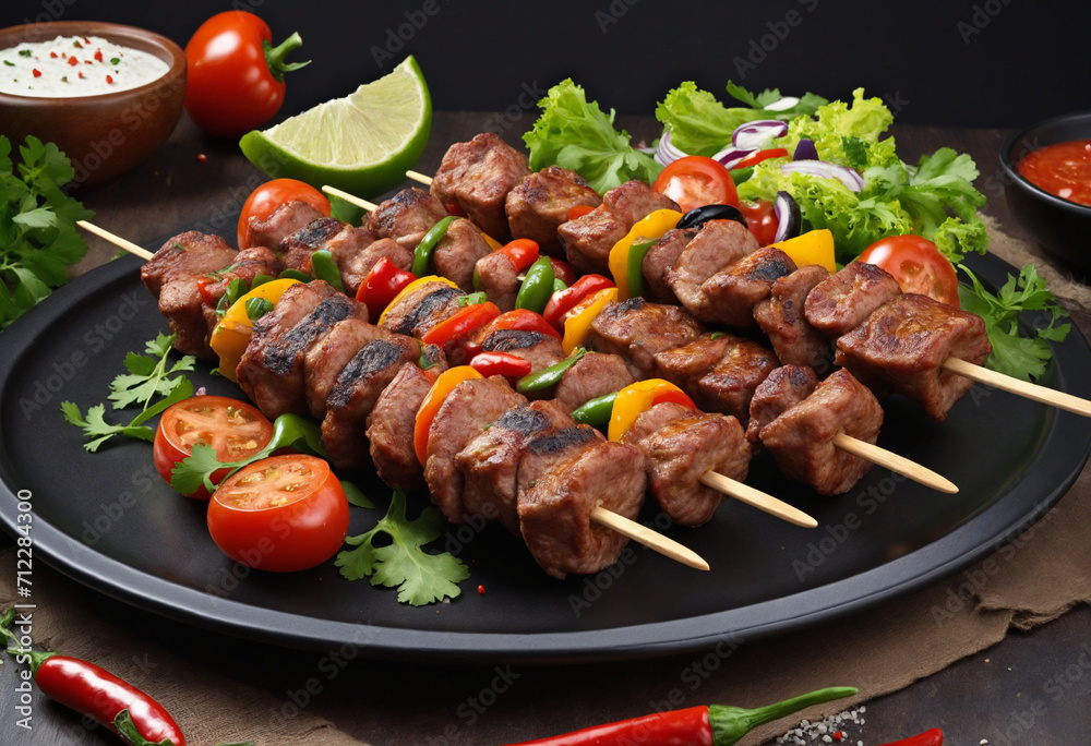 Grilled pork skewers with veggies on sleek plate Grilled pork skewers with veggies on sleek plate