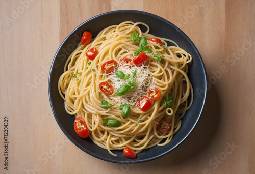 Spaghetti with Garlic, Olive Oil, and Red Pepper flakes in a bowl