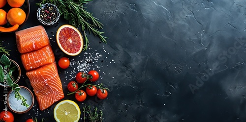 Assortiment d'aliments pour cuisiner, poisson et légumes frais sur un fond noir en ardoise, image avec espace pour texte photo