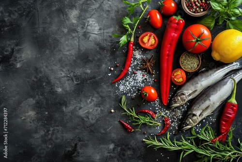 Assortiment d'aliments pour cuisiner, poisson et légumes frais sur un fond noir en ardoise, image avec espace pour texte