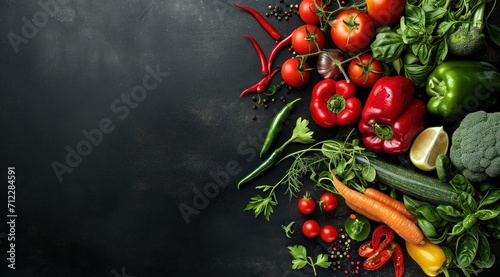 Assortiment de légumes frais sur un fond noir en ardoise, image avec espace pour texte
