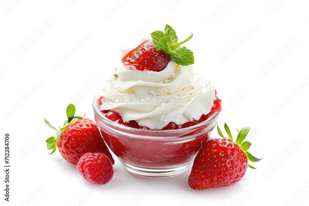 Isolated white background strawberry dessert with whipped cream