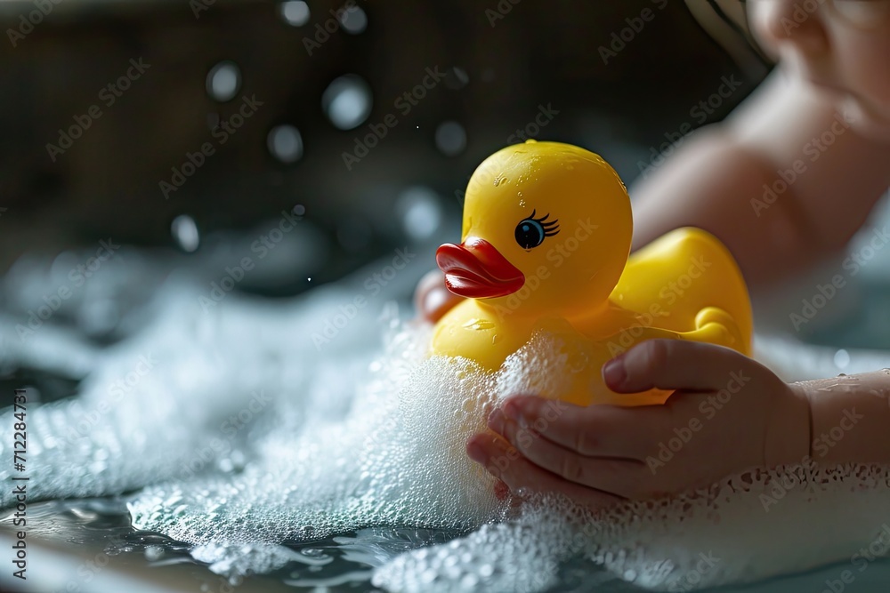 3 year old toddler happily plays with a rubber yellow duck in soapy foam emphasizing bathing water play and a healthy lifestyle