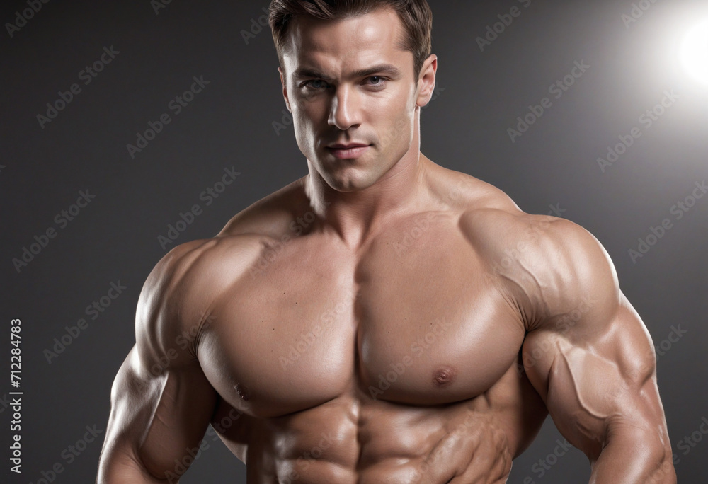 Powerful athletic man displaying strength and muscle. Topless individual with impressive physique from fitness regimen.