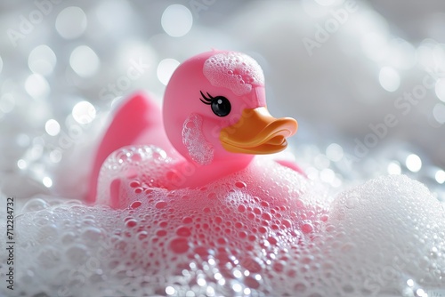 Bubble bath foam with a pink rubber duck