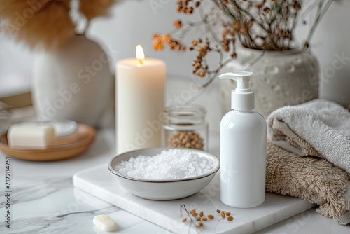 Mockup of scented white pump bottle dispenser adorned with a salt scrub jar and beauty facial cosmetic bottle