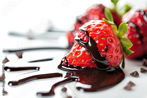 Chocolate syrup is dripped onto a strawberry against a white background photo