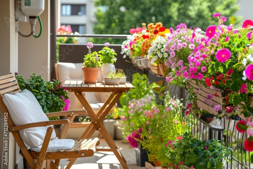 Beautiful balcony with comfortable chairs, wooden table and many potted flowers plants. Generative AI