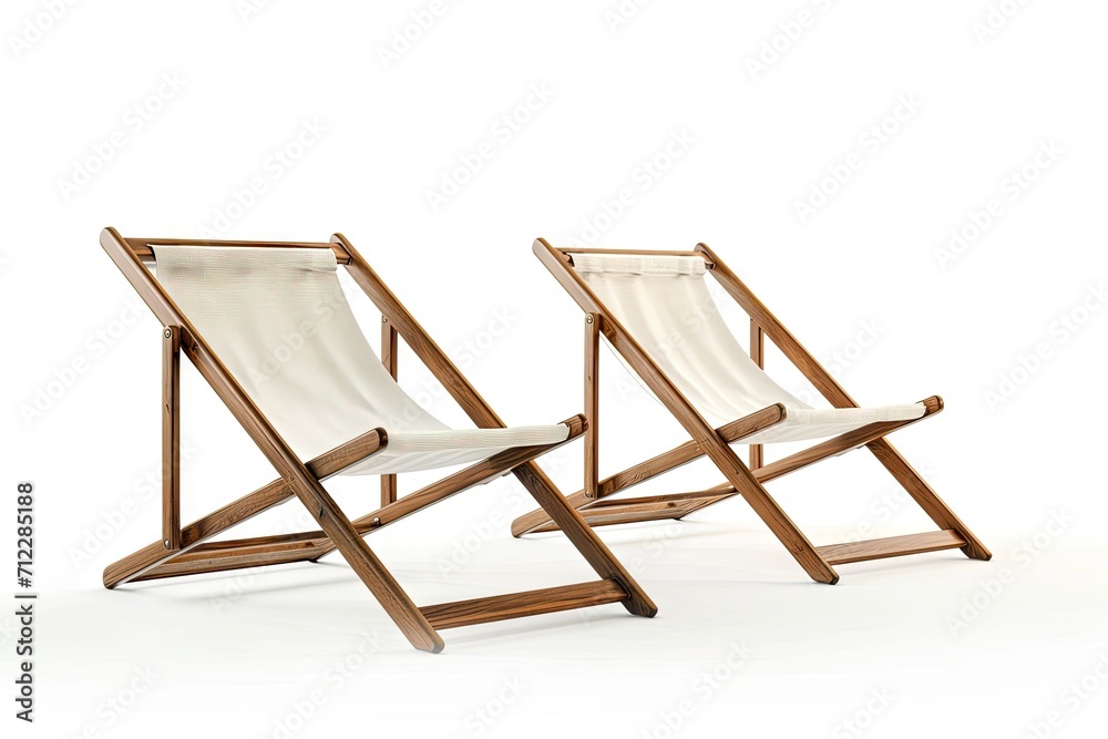 Wood and fabric deck chairs from front and side view isolated on a white background