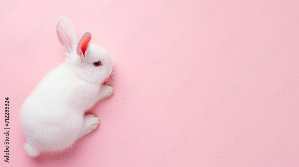 Top view of little white bunny isolated on pink pastel background with copy space. Top view of little white bunny isolated on pink pastel background with copy space.
