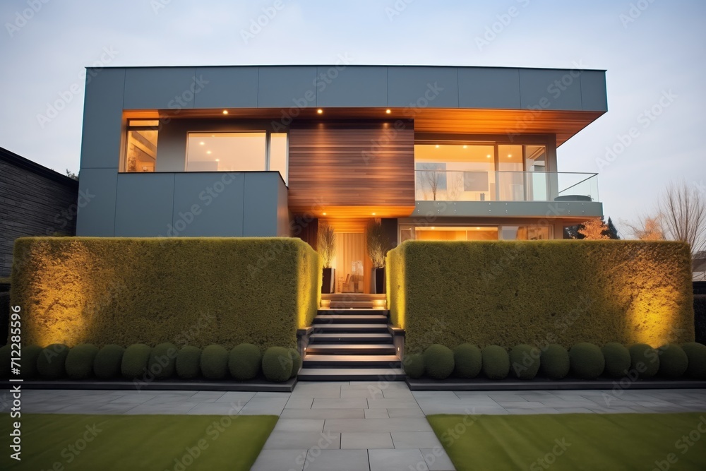 contemporary home facade with trimmed hedges and ambient lighting - obrazy, fototapety, plakaty 