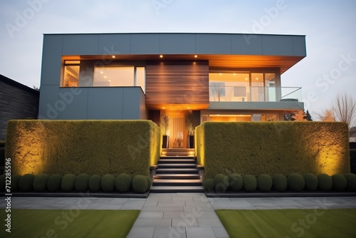 contemporary home facade with trimmed hedges and ambient lighting