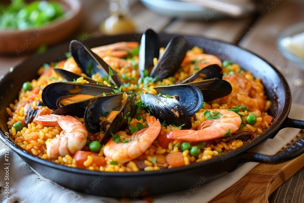 Delicious Spanish paella highlighting mussels and shrimps. Delicious Spanish paella highlighting mussels and shrimps.