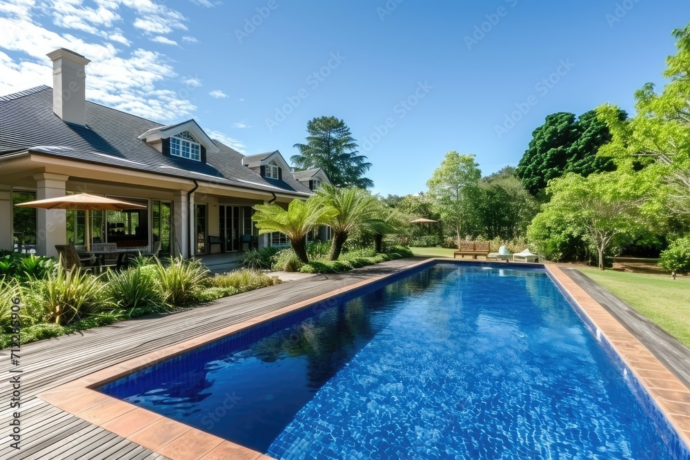 Swimming pool and decking in garden of luxury home.