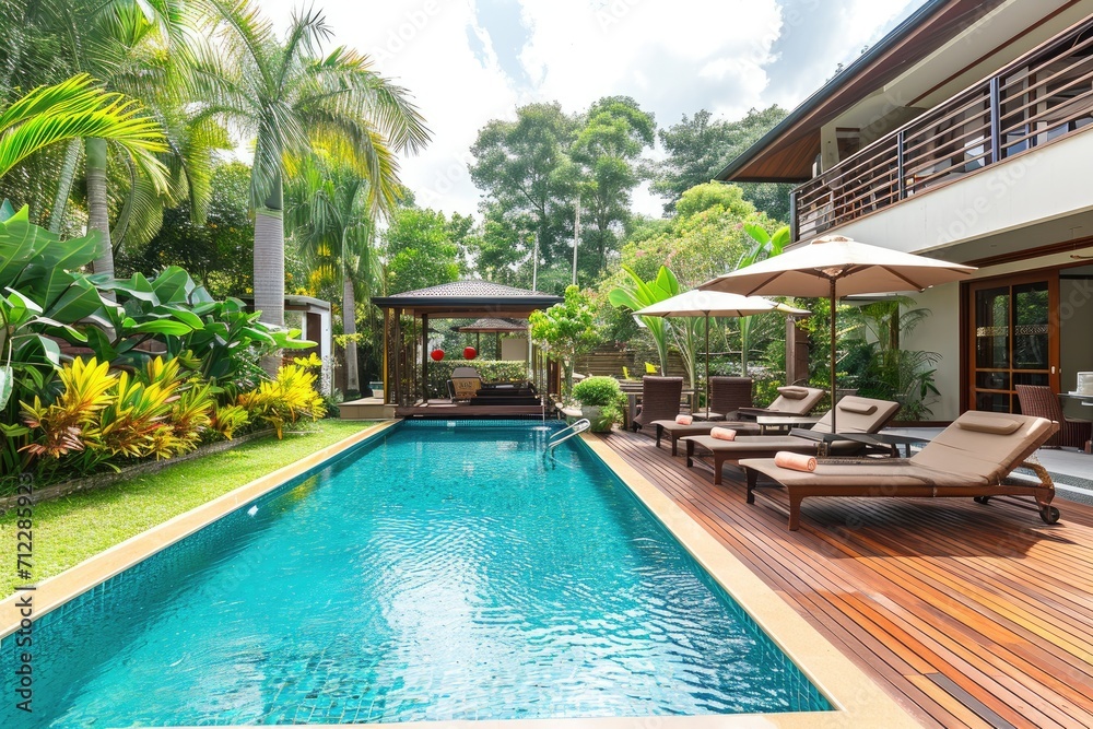 Fototapeta premium Swimming pool and decking in garden of luxury home.