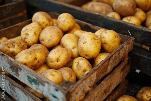 Fresh potatoes in a wooden box.