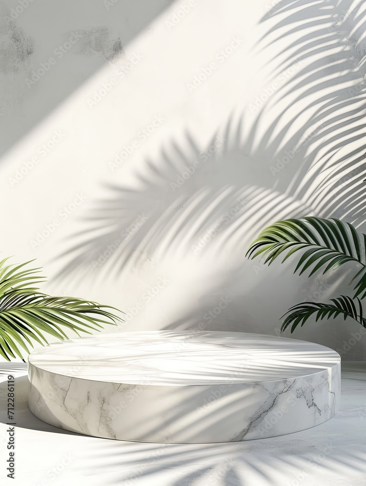 Luxury empty marble podium with tropical leaves and plant shadow on white wall for product placement display. Luxury empty marble podium with tropical leaves and plant shadow on white wall for product placement display.