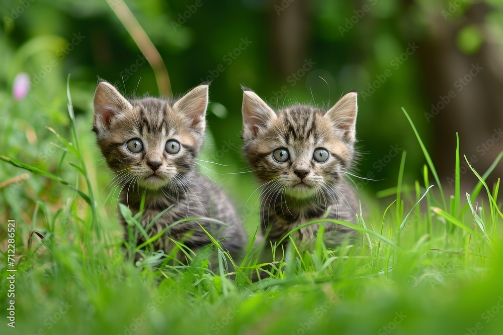 Two cute kittens standing in green grass.