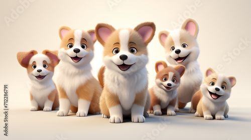 cute cartoon corgi family sitting on white background 